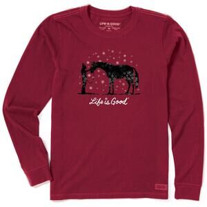 NWT Life Is Good Women's Red Holiday Horse Long Sleeve Crusher T-Shirt Size XL